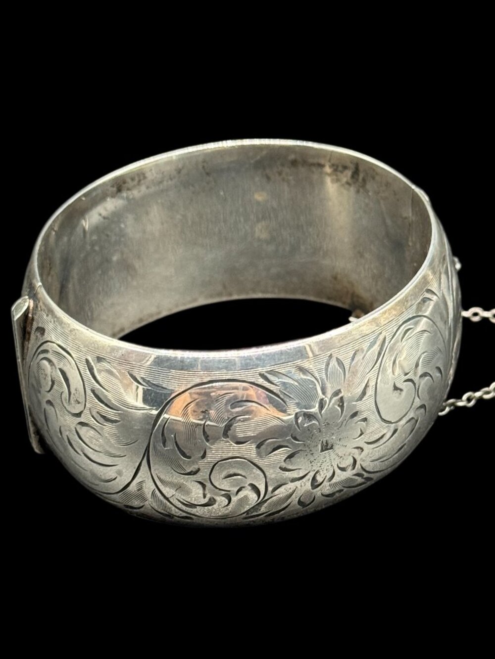 Vintage 925 Sterling Silver Bangle Bracelet Wide Etched Floral Security Chain